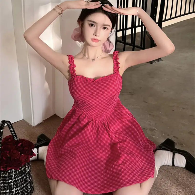 Women's Summer Plaid Suspender Dress