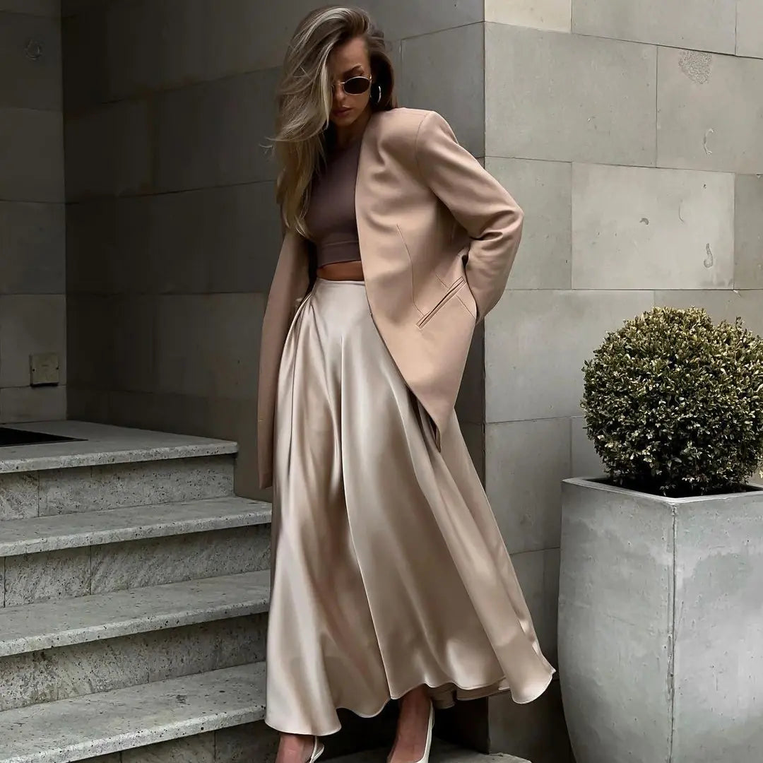 2026 Summer Elegant High Waist Satin Maxi Skirt